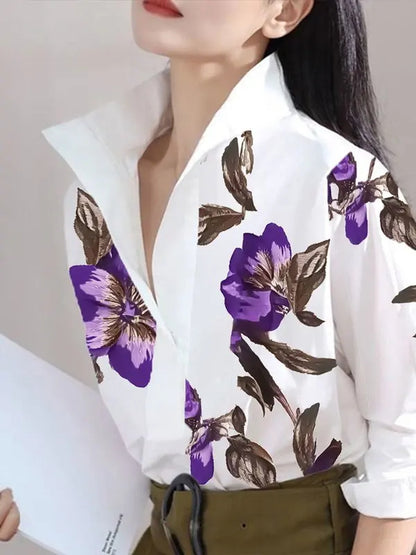 2025 Women's Casual White Shirt – Long Sleeve Urban Elegant Stand Collar with Flower Print Blouse Top for Spring & Summer