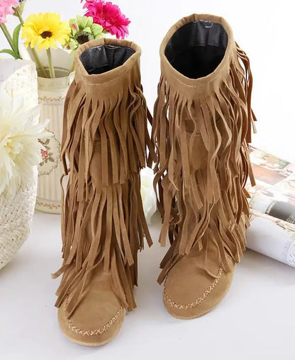 Flat Heel Round Toe Tassel Women Long Boots