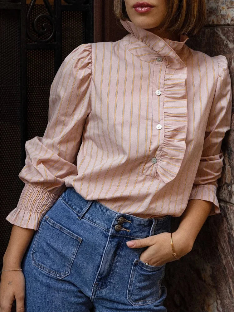 2025 Women's Chic Pink Stripe Blouse – Stand Collar Ruffled, Long Sleeve Single-Breasted Office & Commute Top