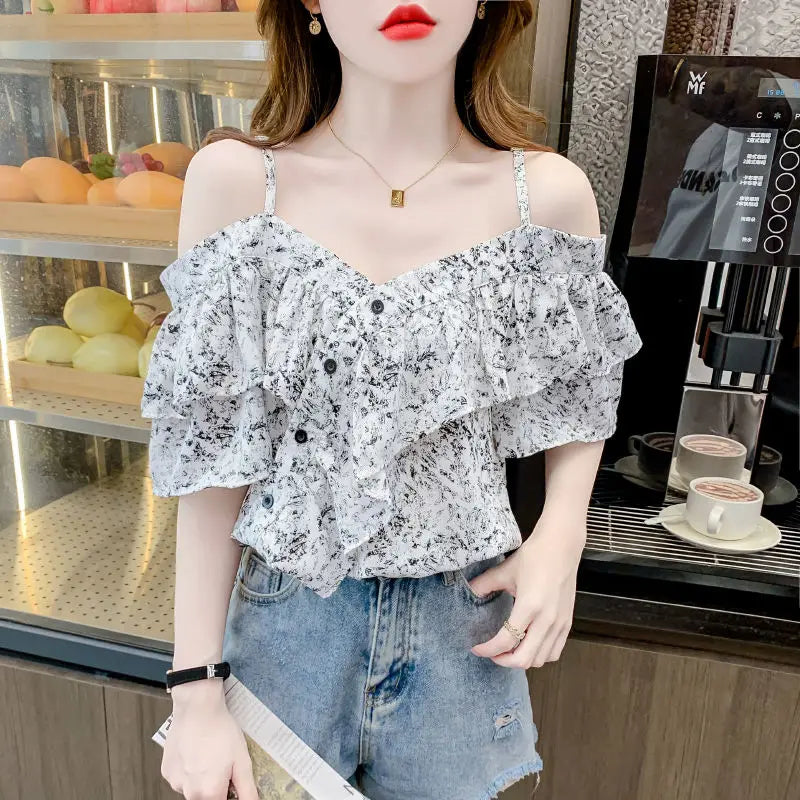 Modisches Off-Shoulder One-Shoulder Kurzarmshirt für Damen – Neues französisches Rüschen-Hosenträgertop für den Sommer