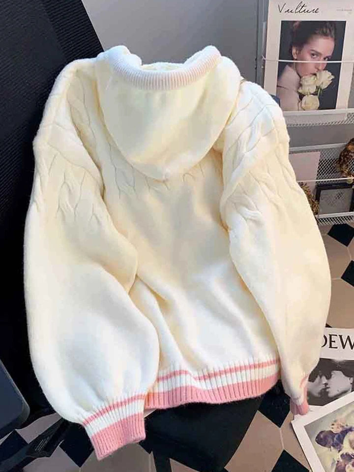 Cute Kawaii Cardigan Sweater for Women – Lazy Wind White Knitted Coat, Loose Long Sleeve Elegant Hooded Top