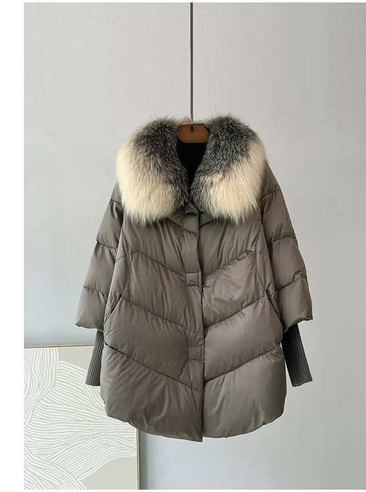 2025 New Women's Loose Outerwear – Fashion Down Jacket with 90% White Duck Down & Big Woolen Collar Winter Coat