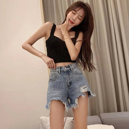 2025 Women's High-Waist Denim Shorts – Korean Fashion Loose Fit Ripped Jean Shorts, Casual Summer Streetwear