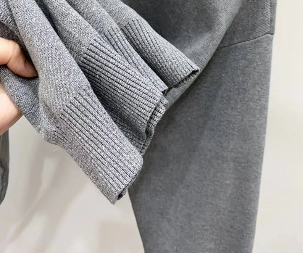 2025 Herbst Damen Grau Patchwork Kragen Pullover – Langarm Winter Warme Kleidung mit Stickerei Damen Tops