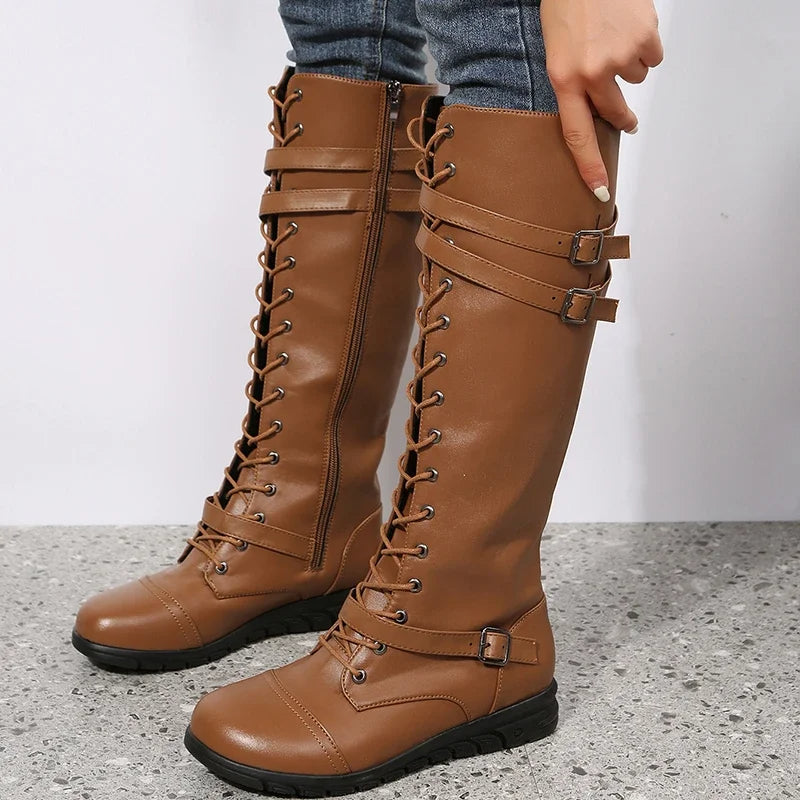 Retro Leather Lace Up Buckle Strap Side Zipper Long Boots