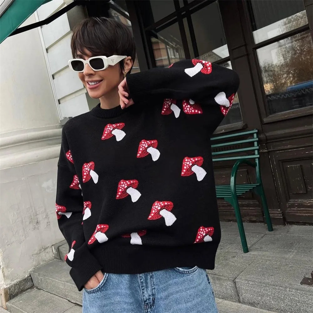 2025 Women's Fashion – Mushroom Graphic Print Sweater, Long Sleeve, Plus Size, Loose Casual Streetwear Pullover Top