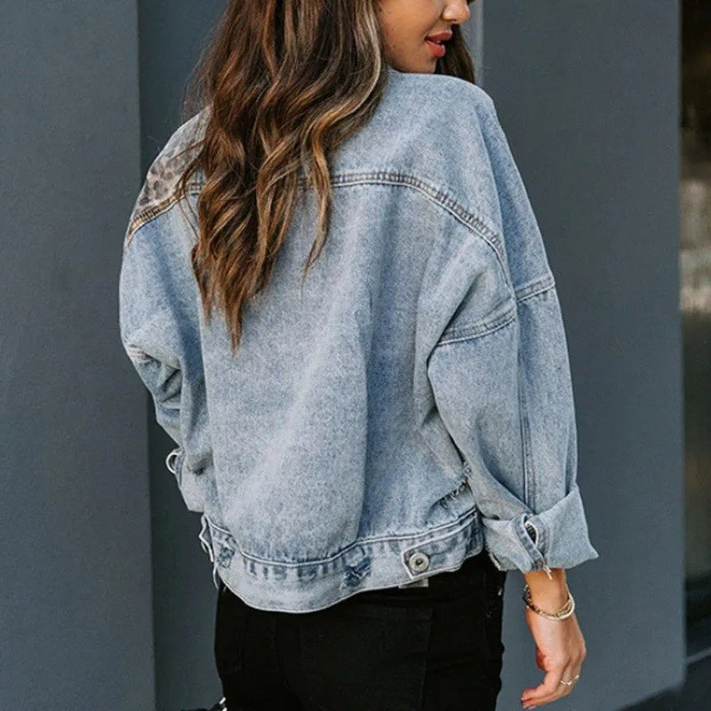 Women's Leopard Patchwork Denim Jacket - Long Sleeve Casual Loose Fit Stylish Outerwear