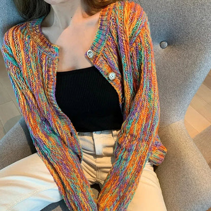 New Winter Korean Fashion Rainbow Color Cardigan