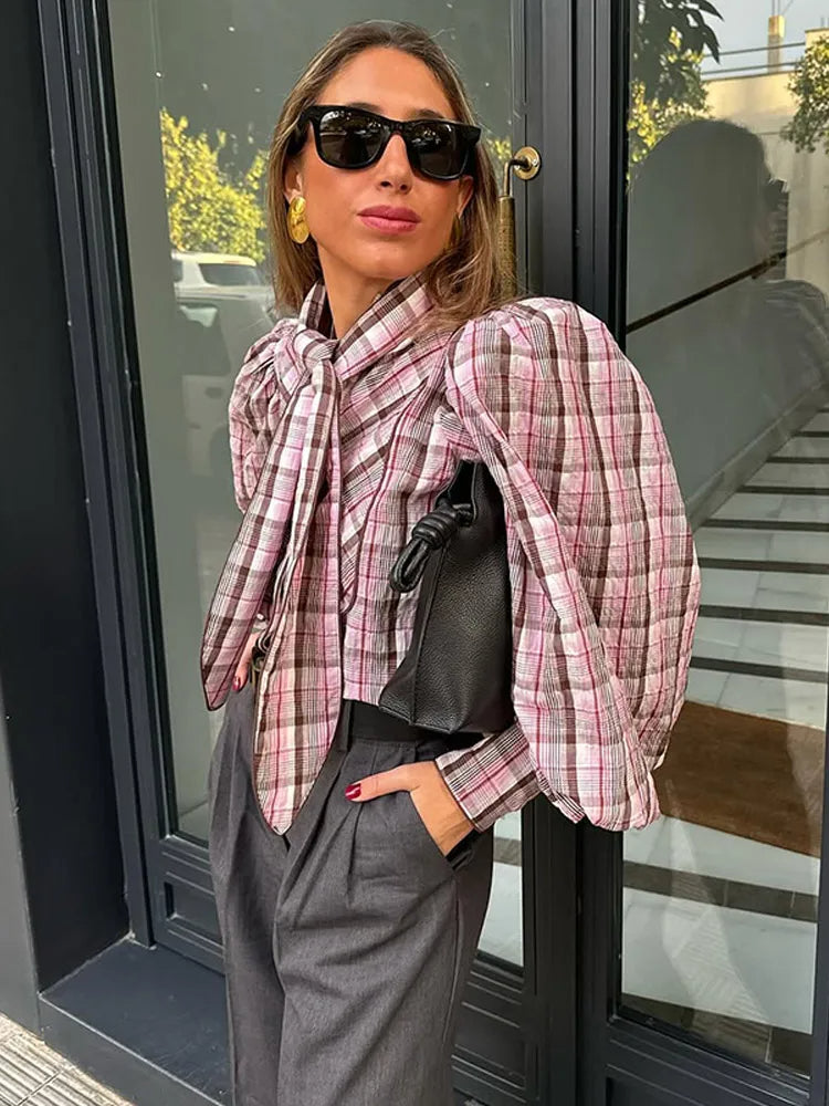 2025 Women's Elegant Plaid Puff Sleeve Tie Neck Blouse – Loose Single-Breasted Chic Spring Commute Shirt