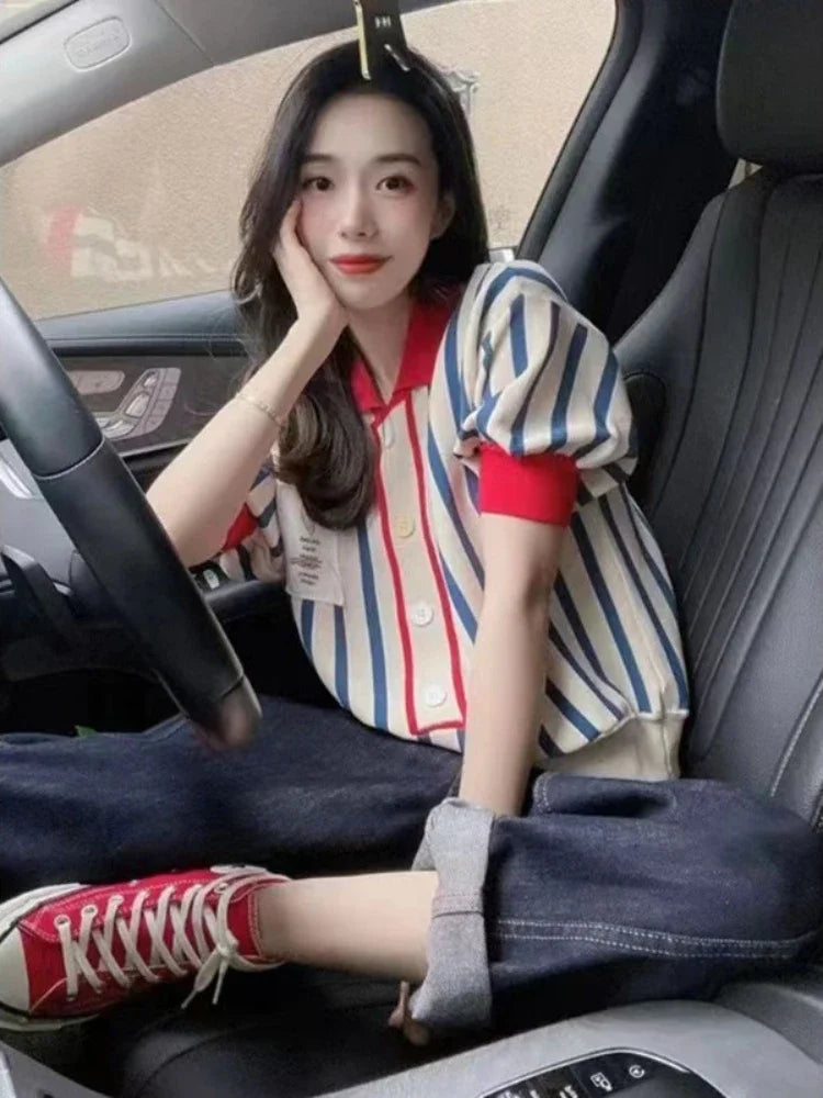 Women's Striped Polo Shirt – Cute Kawaii Button Tee | Trendy 2025 Luxury Youth Fashion
