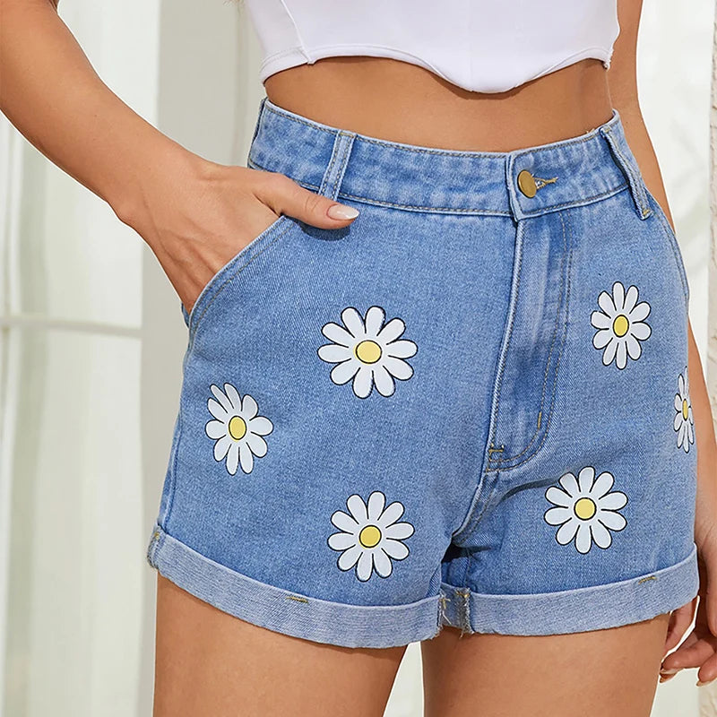 Daisy Pattern Casual Wide Leg Denim Shorts