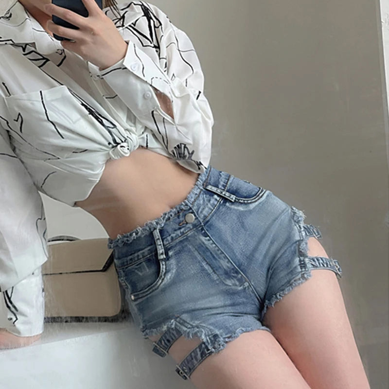 Y2K High-Waist Denim Shorts for Women – Sexy Hollow Out Slim Fit Jean Shorts, Korean Streetwear Hot Pants