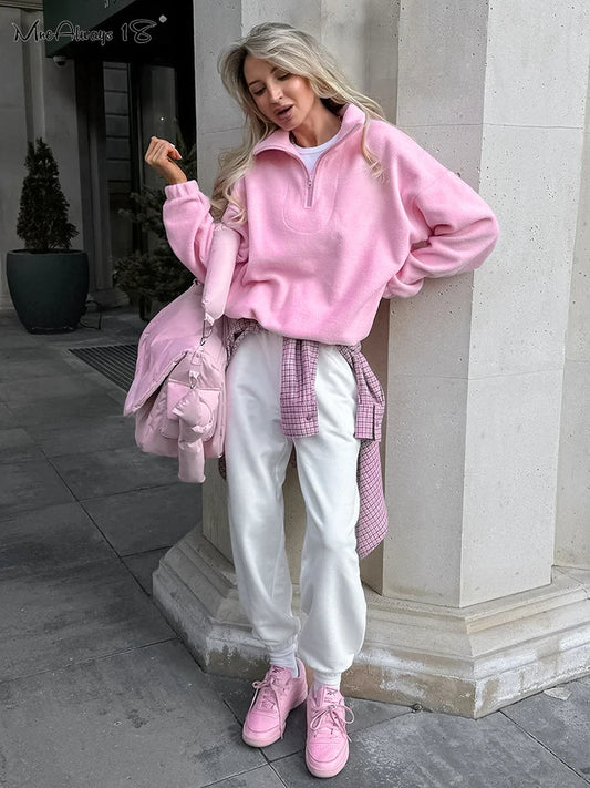 Fleece Pink Zipper Pullover Tops for Women – Streetwear Long Sleeve Sweatshirt, Autumn Winter 2025 Fashion