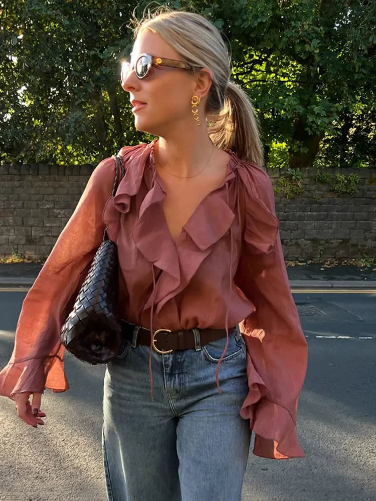 2025 Damen Casual Solid Volant Ärmel Bluse - Mode Lose Gaze Rüschen Schnürung V-Ausschnitt Frühling Street Top
