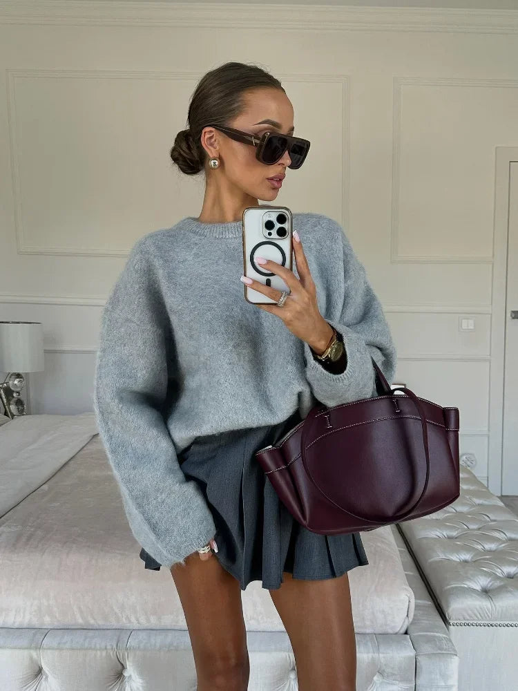 Oversized Mohair Knitted Long-Sleeved Pullover for Women – Grey Round Neck Loose Sweater Tops, Autumn 2025 High Street Jumpers