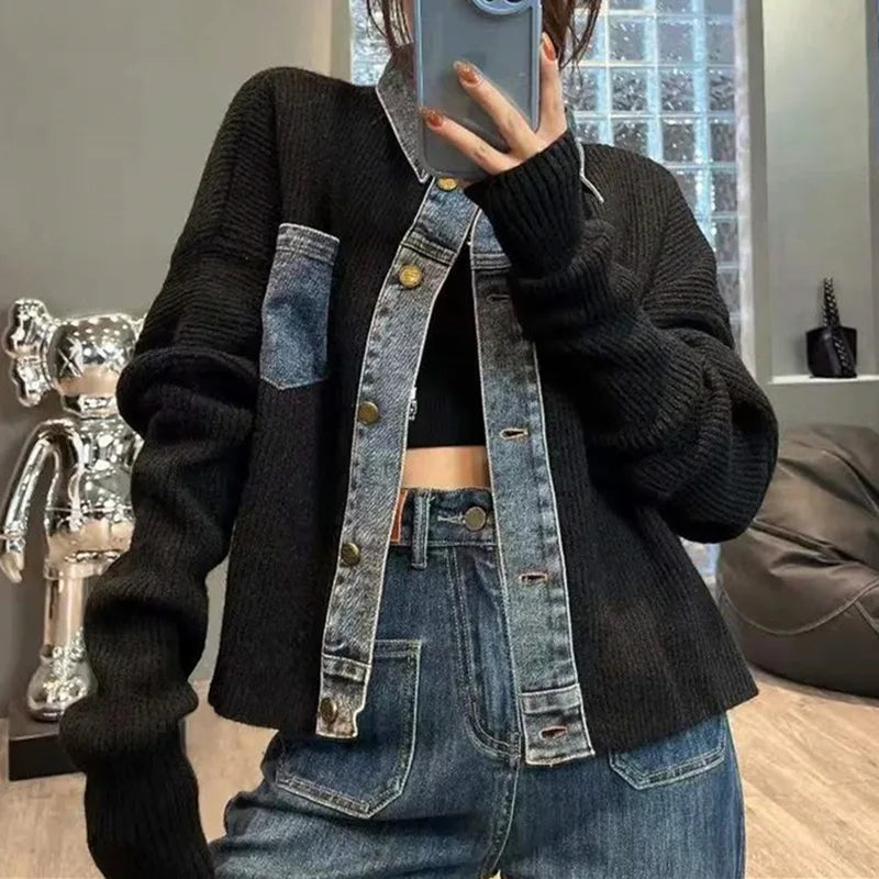 Korean Style Loose Sweater – 2025 Autumn Women's Niche Design Denim Patchwork Knitted Top Jacket