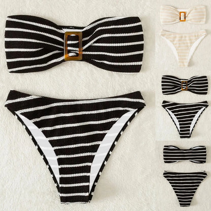 Retro Black & White Striped Bikini – High Waist Bandeau Two-Piece Swimsuit for Women’s Beach Vacation