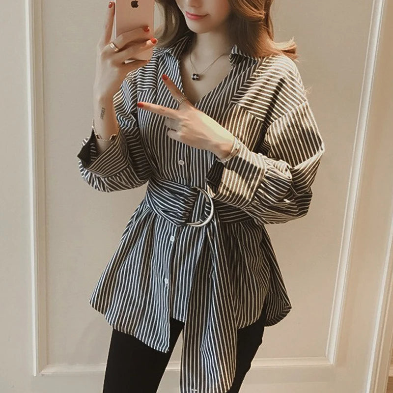 Women's Striped Button-Up Shirt with Belt – Casual Loose Fit, Long Sleeve Turn-Down Collar Oversized Blouse for Autumn Streetwear