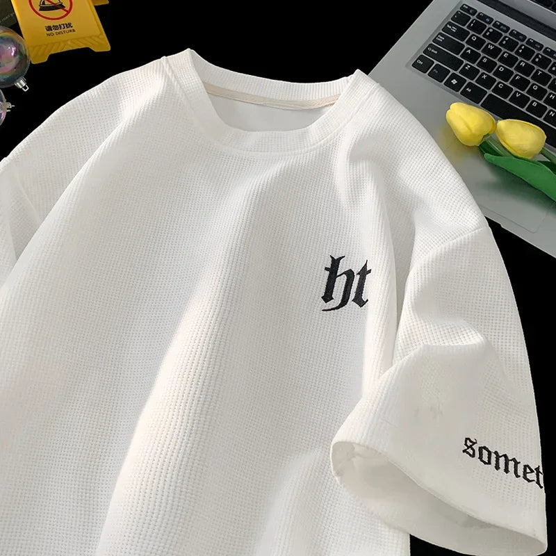 2025 Summer Men's Waffle T-Shirt – Letter Embroidered Y2K Vintage Streetwear | Breathable Short Sleeve O-Neck Tee