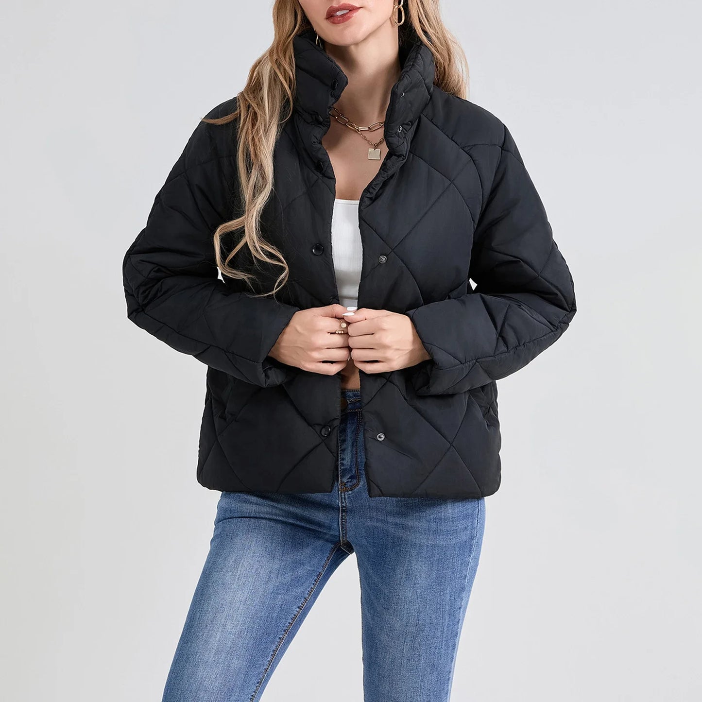 2025 New Fashion Women's Winter Puffer Coat – Solid Color Quilted Stand Collar Jacket with Long Sleeves