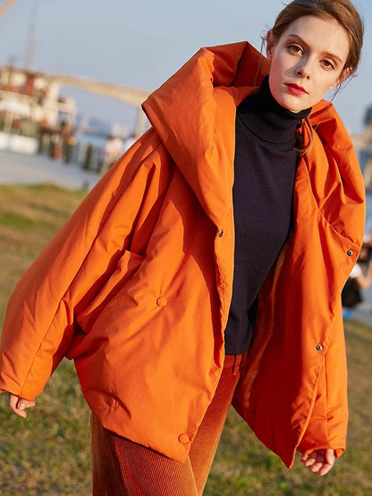 Women's Oversized Down Jacket - Fluffy, Warm, Hooded Parka, Long Sleeve, Orange Red, Winter 2025 Fashion