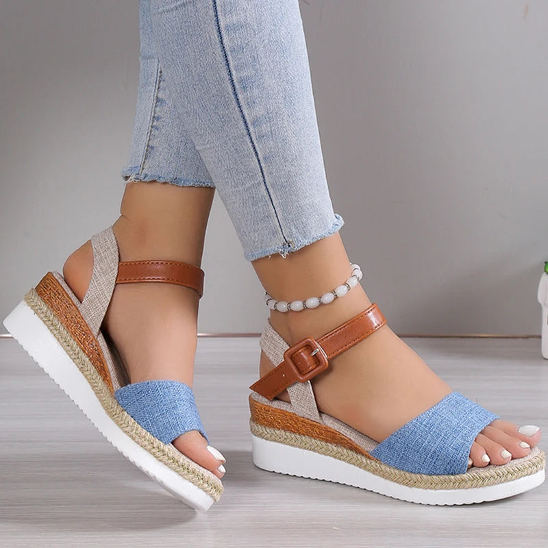 Women's Peep Toe Wedge Sandals – 2025 Summer Low Platform Shoes | Non-Slip Hemp Heeled Sandalias Mujer