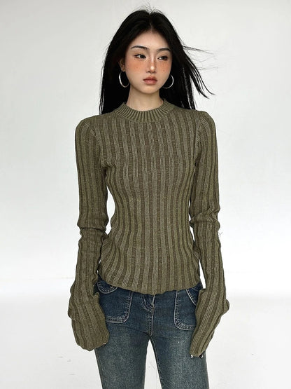 Deeptown Vintage Green Striped Crop Sweater – Fairy Grunge Harajuku Slim Fit Knitted Pullover for Women