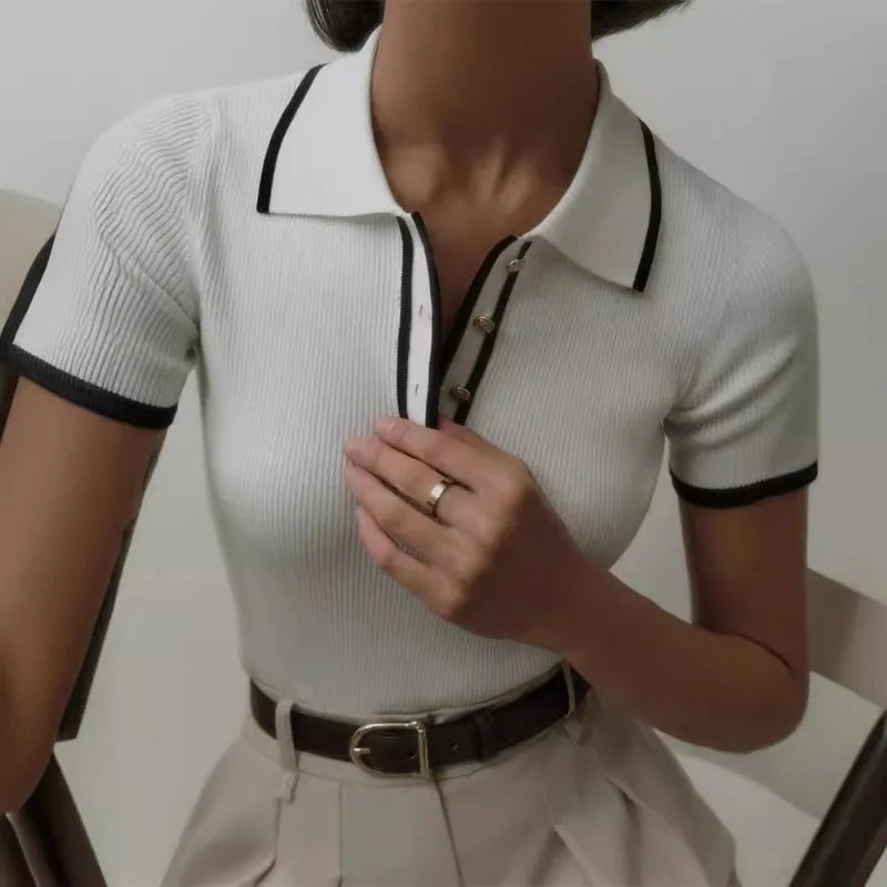 Women's 2025 Summer Fashion Thread Button T-Shirt – Slim Fit Short Sleeve Casual Crop Top with Turn-Down Collar