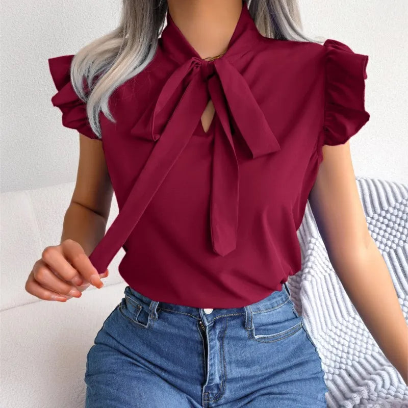 2025 Women's Summer Chiffon Blouse – Black Ear Strap Bow Sleeveless Top | Slim Solid Office Lady Pullover Blusas