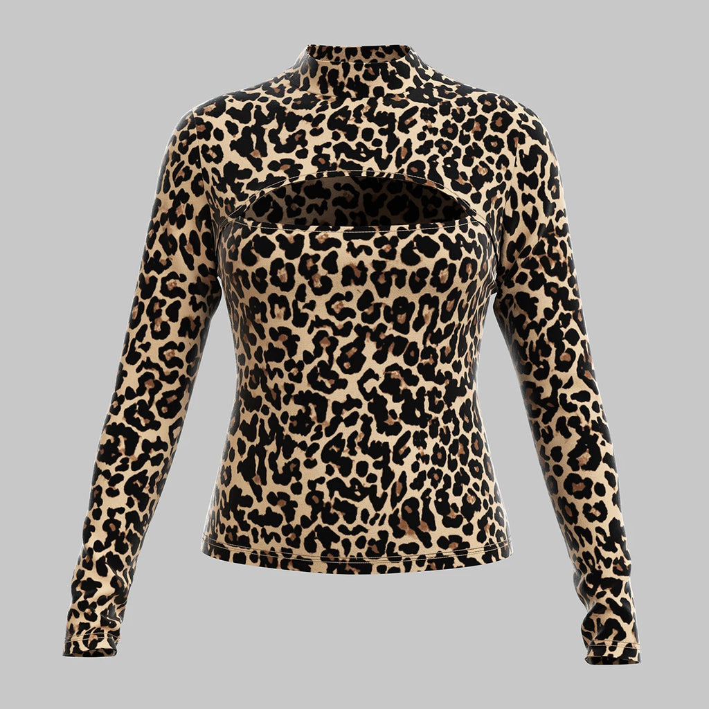 Women's All-Season French Sexy Cut-Out Leopard Print T-Shirt – Long Sleeve Crew Neck Fashion Top