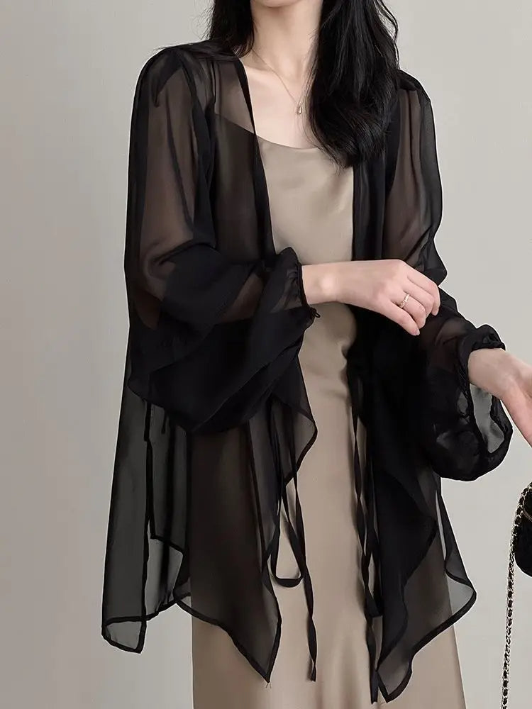 Lockeres Langarmshirt mit V-Ausschnitt für Damen – Schnürung im koreanischen Stil, einfarbiger Sommerchiffon, atmungsaktiv und minimalistisch