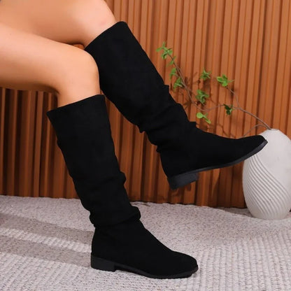 Women's Faux Suede Knee-High Boots – Pleated Slip-On Low Heel Fashion Booties for Autumn Winter – Stylish Knight Boots Mujer