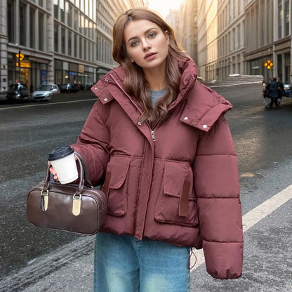 2025 Winter Fashion Women’s Hooded Diamond Puffer Coat - Thick, Warm, Loose Fit, Short Down Cotton Jacket