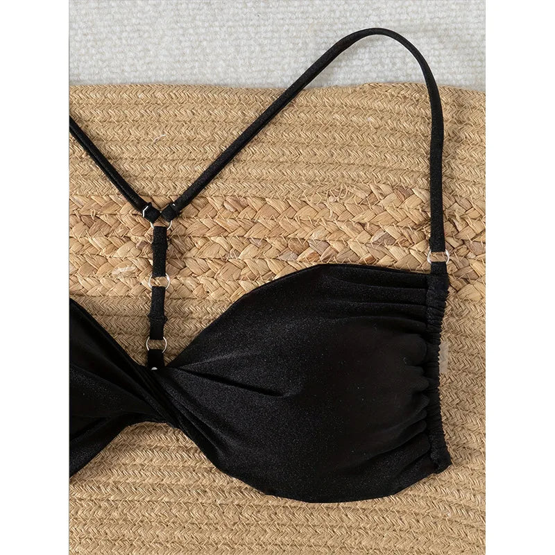 2025 Sexy Black Twist Bikini Set – Micro Thong Backless Swimsuit for Women