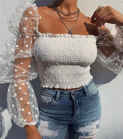 Elegant Sheer Mesh Blouse – See-Through Chiffon Long Sleeve Crop Top