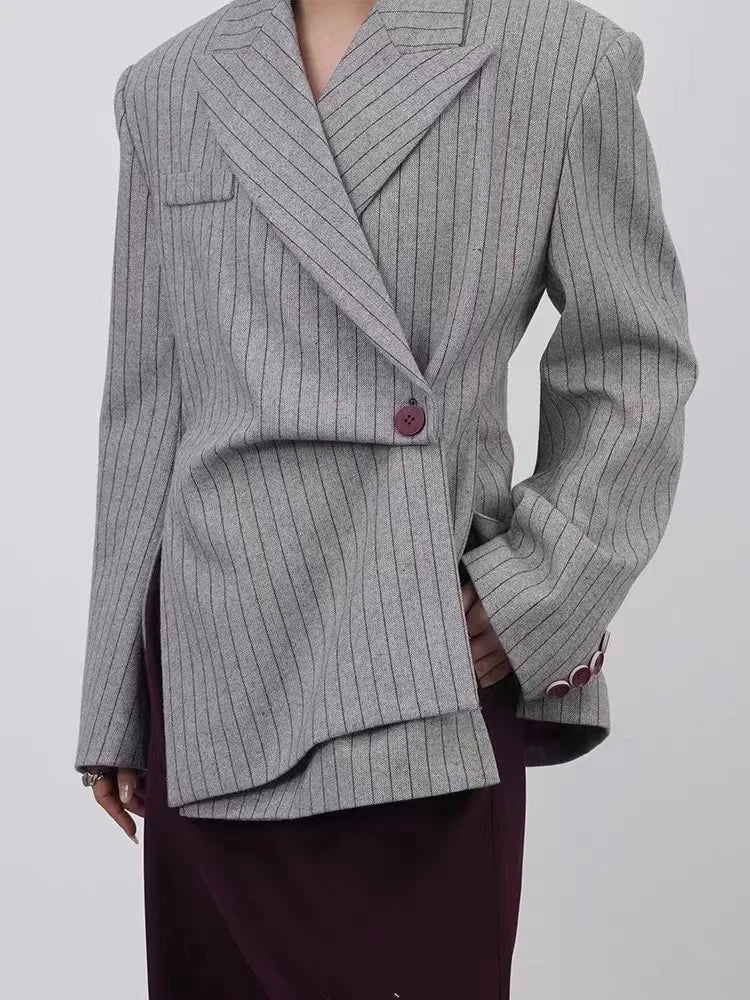 Women Notched Collar Striped Oversized Blazer Jacket