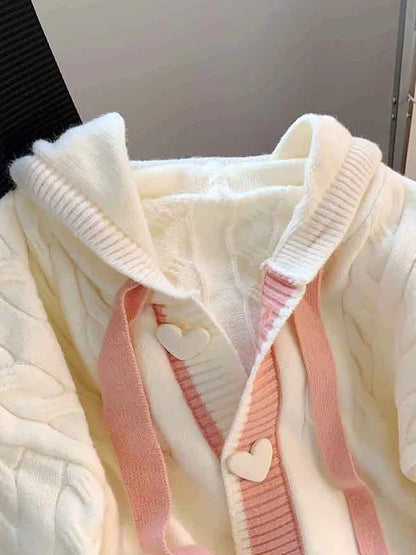 Cute Kawaii Cardigan Sweater for Women – Lazy Wind White Knitted Coat, Loose Long Sleeve Elegant Hooded Top