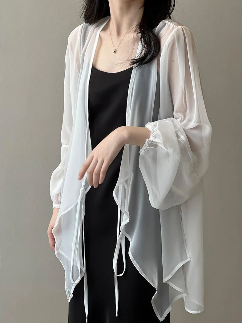 Lockeres Langarmshirt mit V-Ausschnitt für Damen – Schnürung im koreanischen Stil, einfarbiger Sommerchiffon, atmungsaktiv und minimalistisch