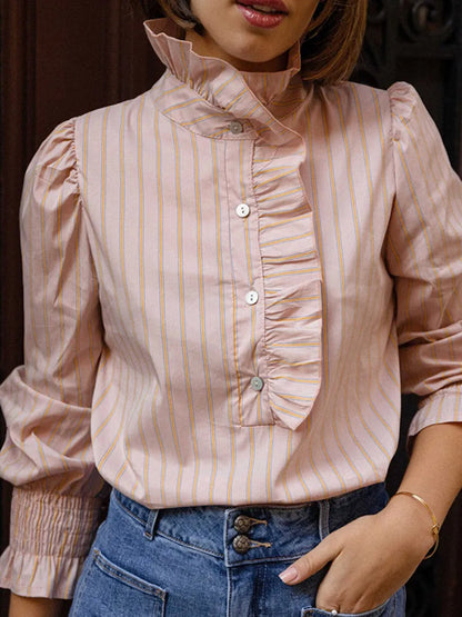 2025 Women's Chic Pink Stripe Blouse – Stand Collar Ruffled, Long Sleeve Single-Breasted Office & Commute Top