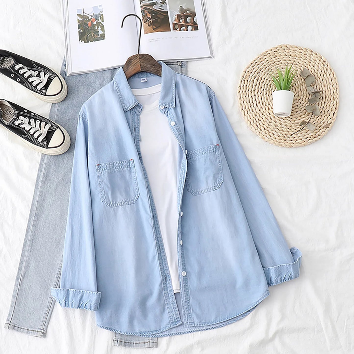 New Retro Blue Denim Shirt for Women – Korean Fashion Solid Single-Breasted Long Sleeve Blouse Top