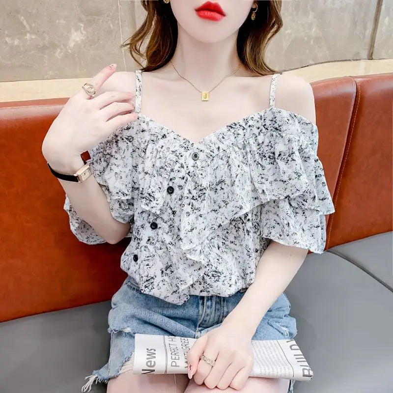 Modisches Off-Shoulder One-Shoulder Kurzarmshirt für Damen – Neues französisches Rüschen-Hosenträgertop für den Sommer