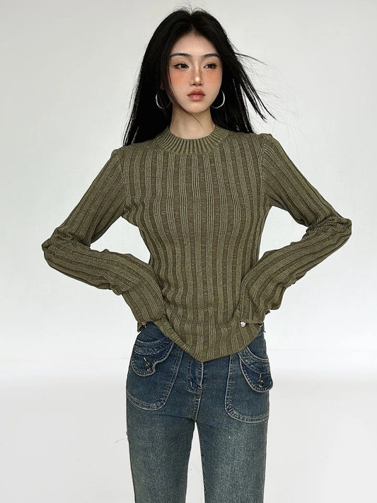 Deeptown Vintage Green Striped Crop Sweater – Fairy Grunge Harajuku Slim Fit Knitted Pullover for Women