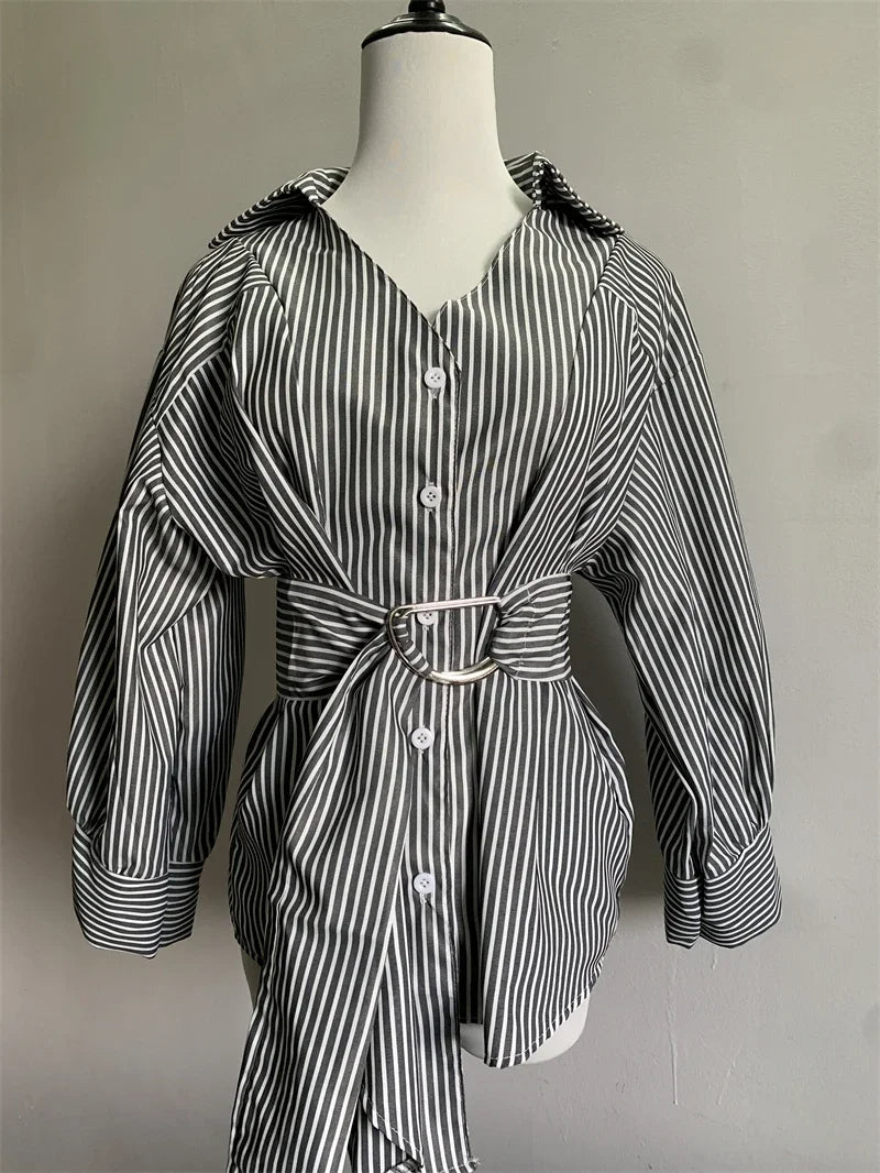 Women's Striped Button-Up Shirt with Belt – Casual Loose Fit, Long Sleeve Turn-Down Collar Oversized Blouse for Autumn Streetwear