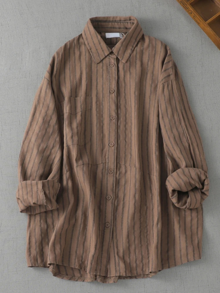 Japanische Vintage-Bluse mit Streifen für Damen – Taschen, Patchwork, langärmelig, lässig, locker geschnitten, für Frühling und Herbst