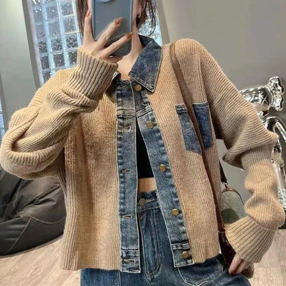 Korean Style Loose Sweater – 2025 Autumn Women's Niche Design Denim Patchwork Knitted Top Jacket