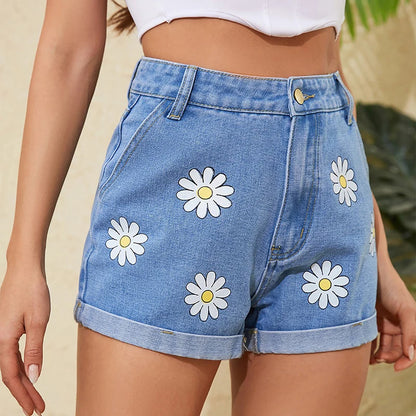 Daisy Pattern Casual Wide Leg Denim Short