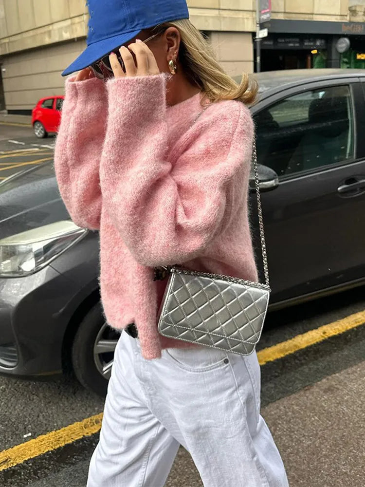 Übergroßer Mohair-Strickpullover mit langen Ärmeln für Damen – Graue, lockere Pulloveroberteile mit Rundhalsausschnitt, High Street-Pullover für Herbst 2025