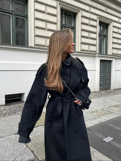 Women's Black Wool Trench Coat – Elegant Oversized Long Lapel Coat with Belt, Double Button High Street Outerwear