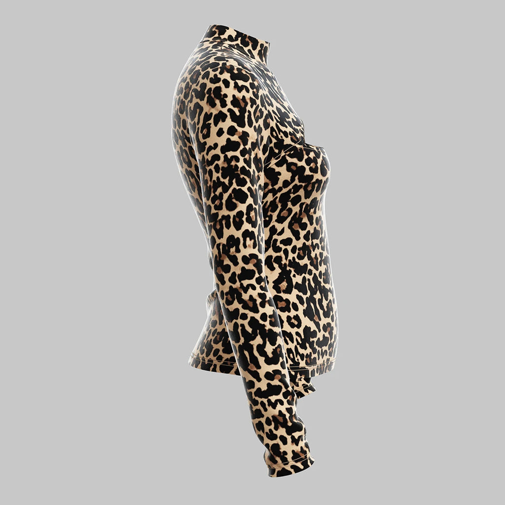 Women's All-Season French Sexy Cut-Out Leopard Print T-Shirt – Long Sleeve Crew Neck Fashion Top