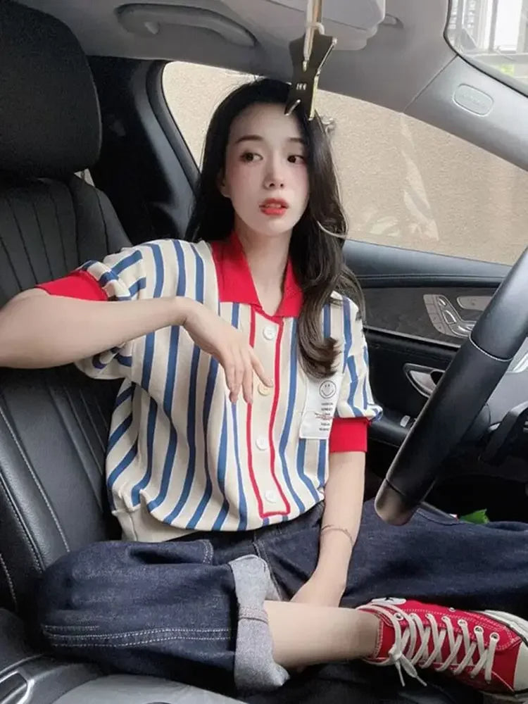Women's Striped Polo Shirt – Cute Kawaii Button Tee | Trendy 2025 Luxury Youth Fashion
